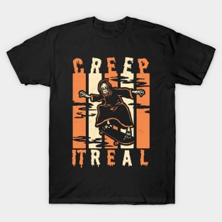 Creep It Real Spooky Halloween Skeleton Skateboarding Skater T-Shirt